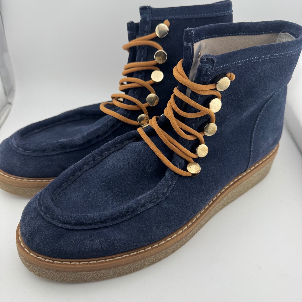 Boden Suede Moc Toe Ankle Boots‎ 40 Navy Blue Gold Stud A0788 (1943)